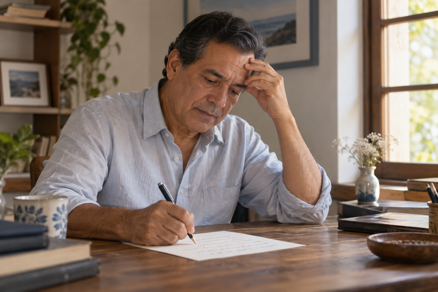 Escena ilustrativa de un hombre escribiendo una carta en un momento de recogimiento